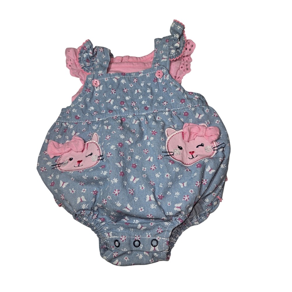 Young Hearts Baby Girl Romper Blue Floral Pink Kitten Ruffle Bubble 3-6M
